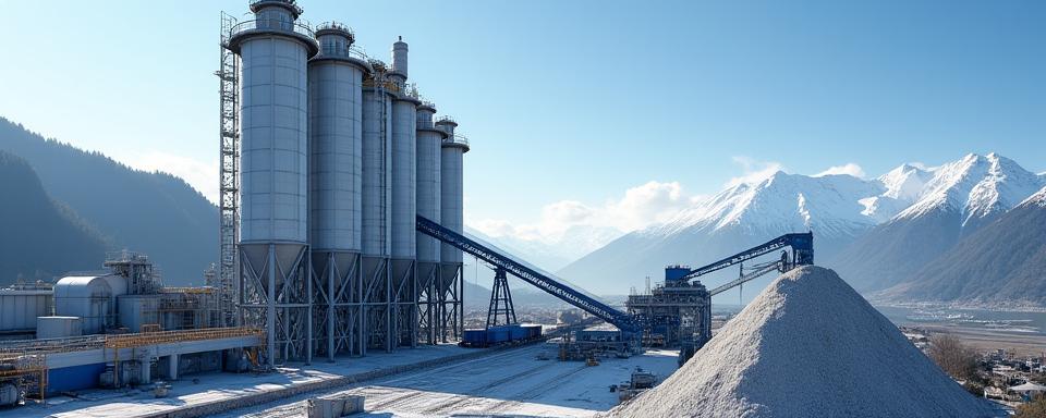 Moderne Zementfabrik vor alpiner Kulisse